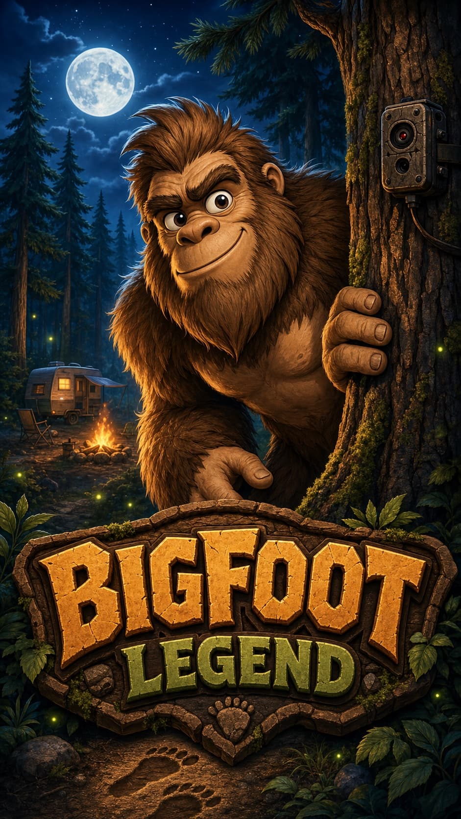 Bigfoot Legend key art showing Bigfoot hiding beside a moonlit campsite and trail camera.