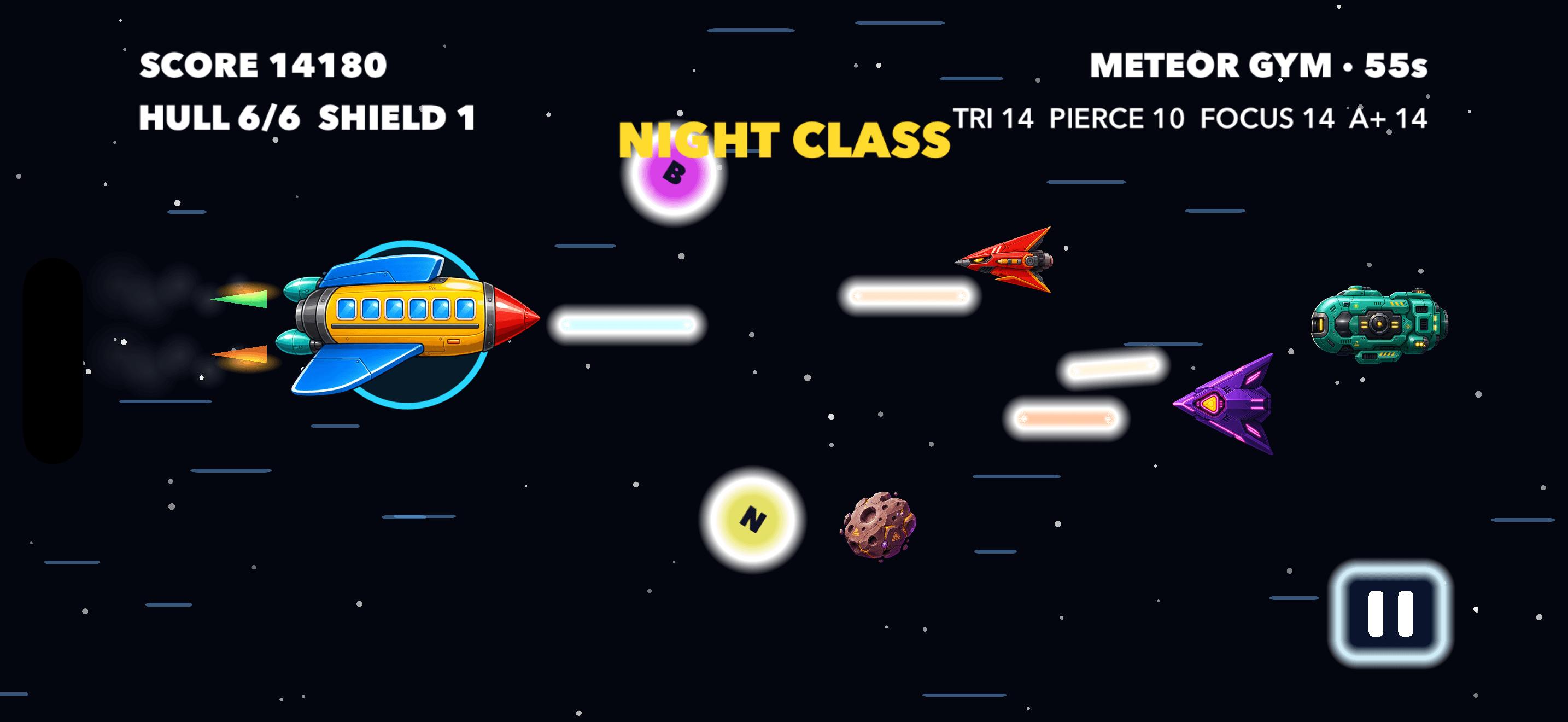 Space School gameplay with the yellow school-bus rocket firing at enemies in Meteor Gym.