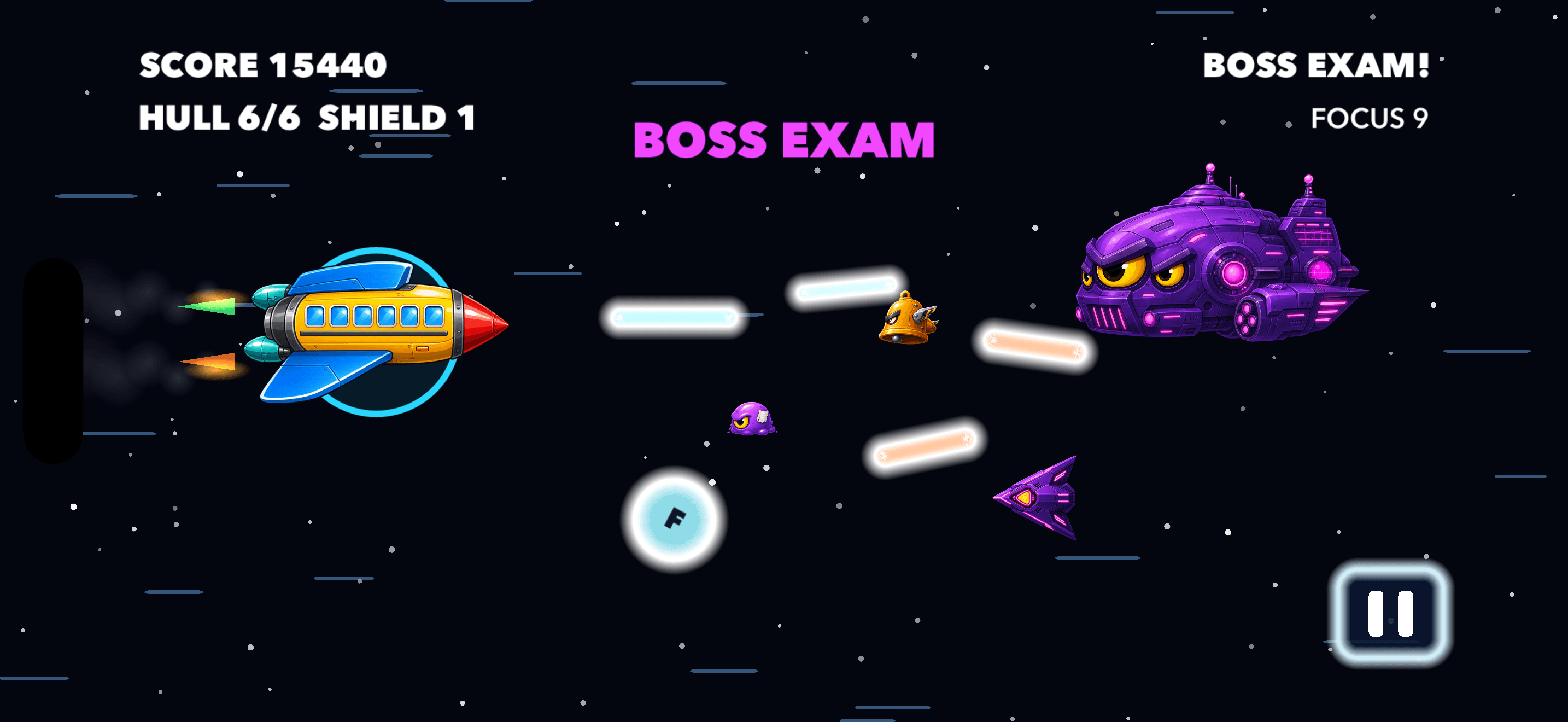 Space School boss fight featuring a purple enemy command ship.