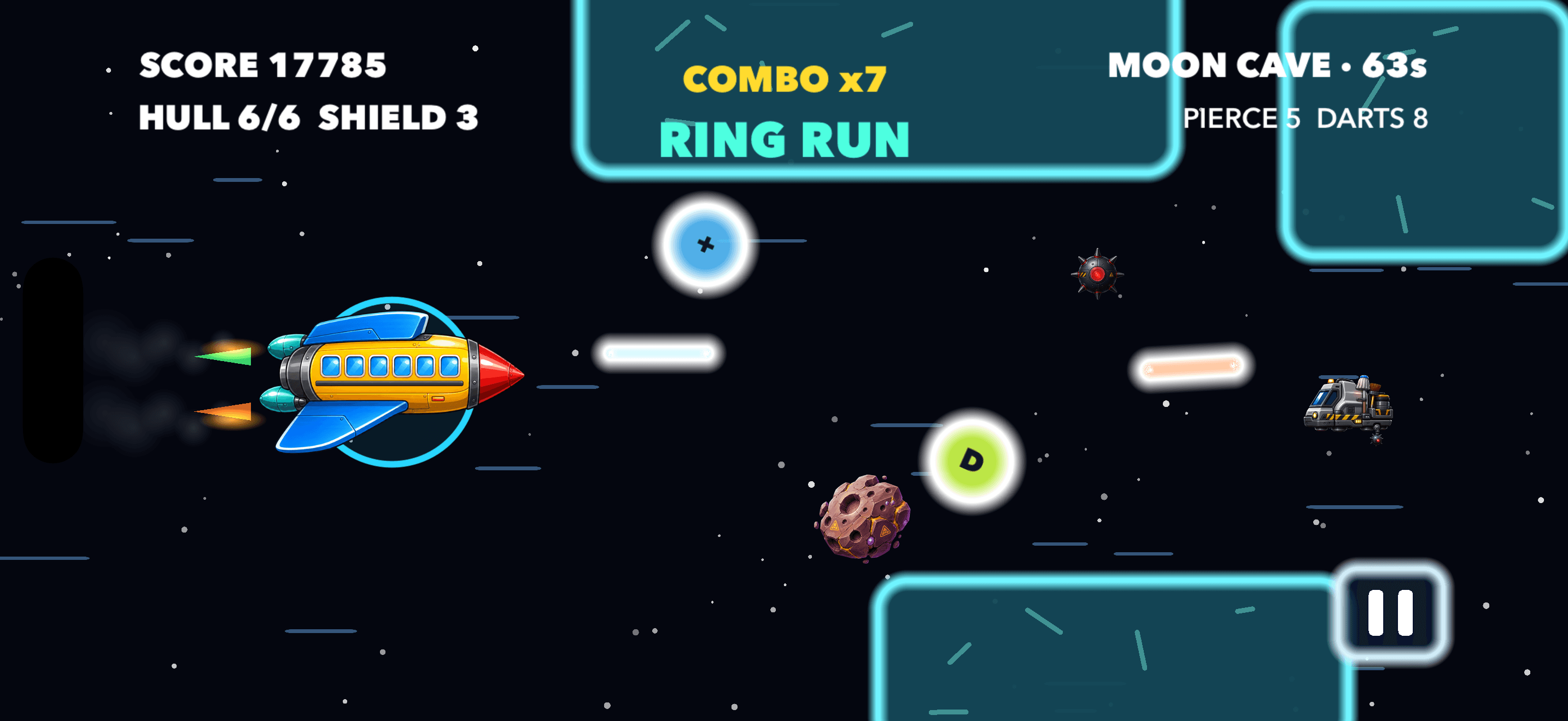 Space School gameplay in the Moon Cave world with glowing cave passages and power-ups.