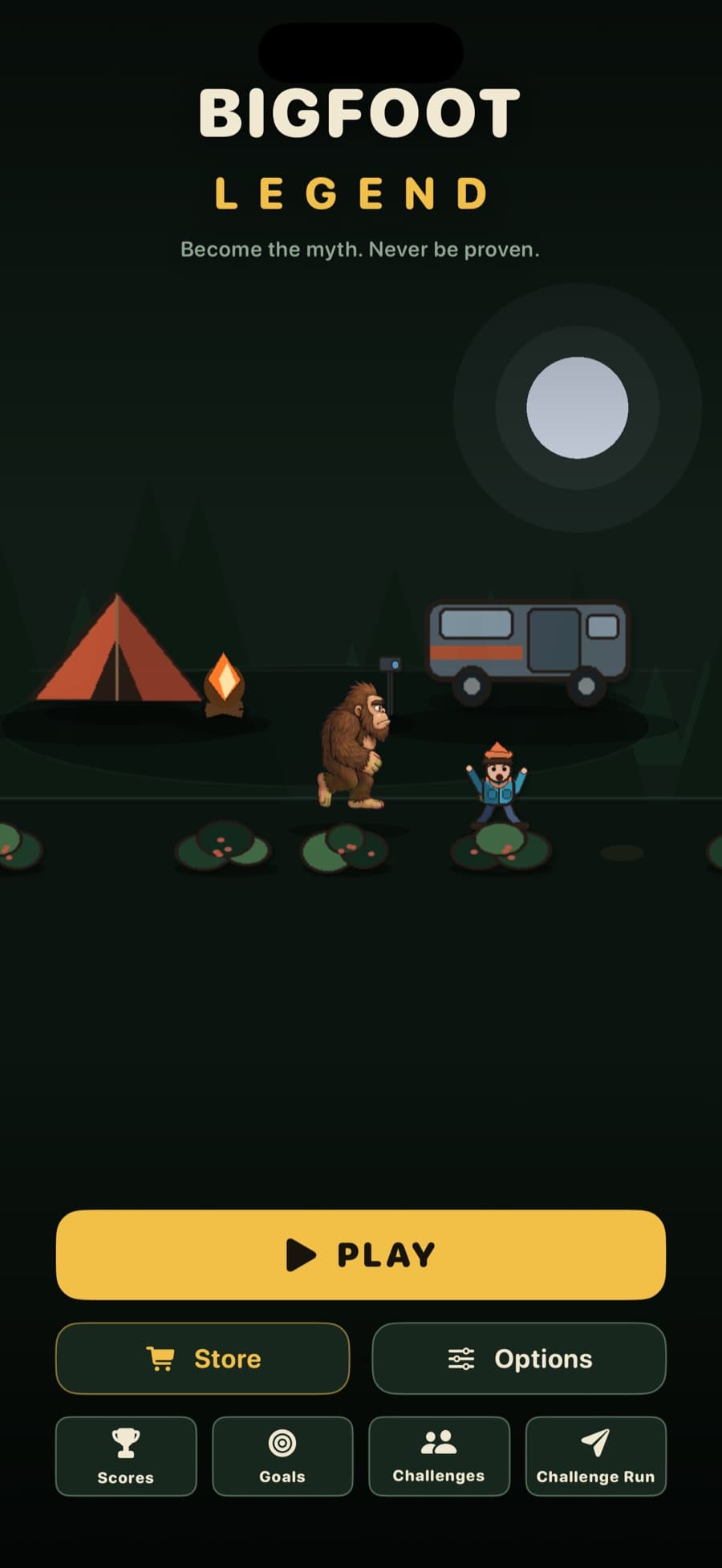 Bigfoot Legend main menu beneath a full moon with Bigfoot sneaking past a campsite.